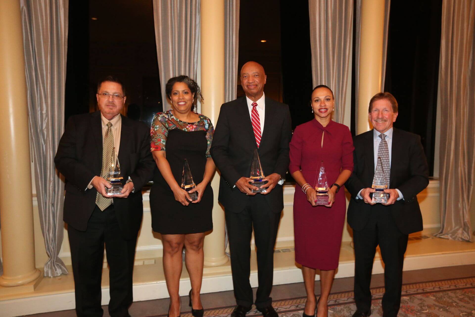 Photo of the 2019 Spirit of Justice winners. From left: Tony Messenger, Kathryn Banks, Otis Williams, Opal Jones and Jim Moran. Photo by William Greenblatt.